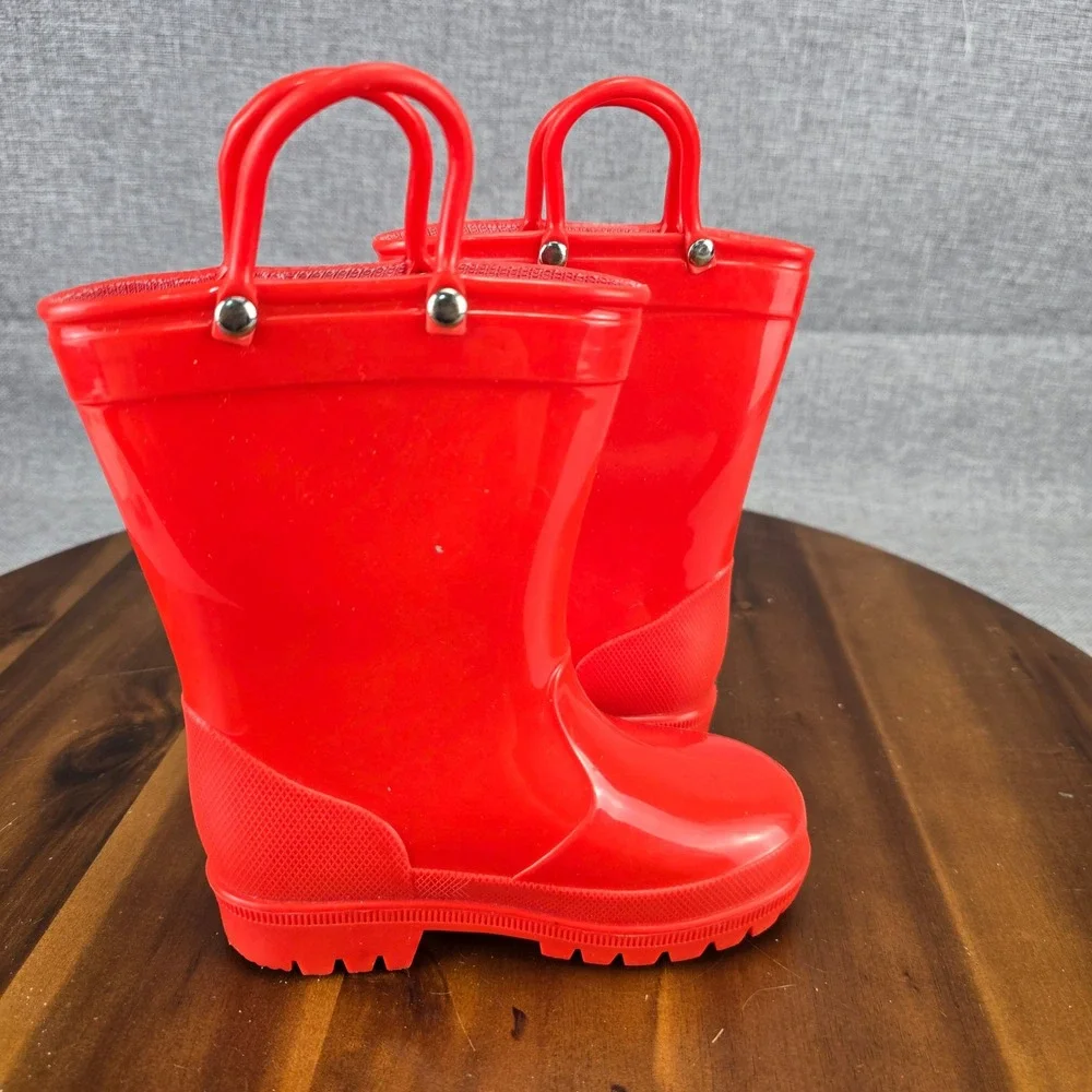 Red Toddler Rain Boots Size 8 Waterproof Pull On Handles Glossy Rubber Boots - Picture 7 of 13